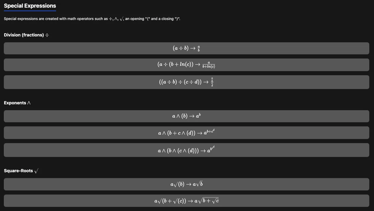 Several examples of special expressions users can build